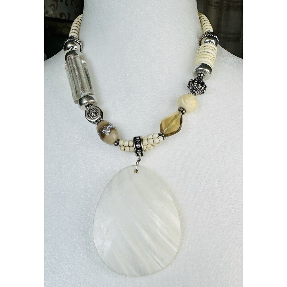 Chicos Cream Beaded Necklace 16” w Large Pendant Silver Tone Accents